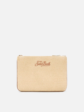 Pochette effet paille Parisienne avec logo marron brodé et bandoulière amovible 
