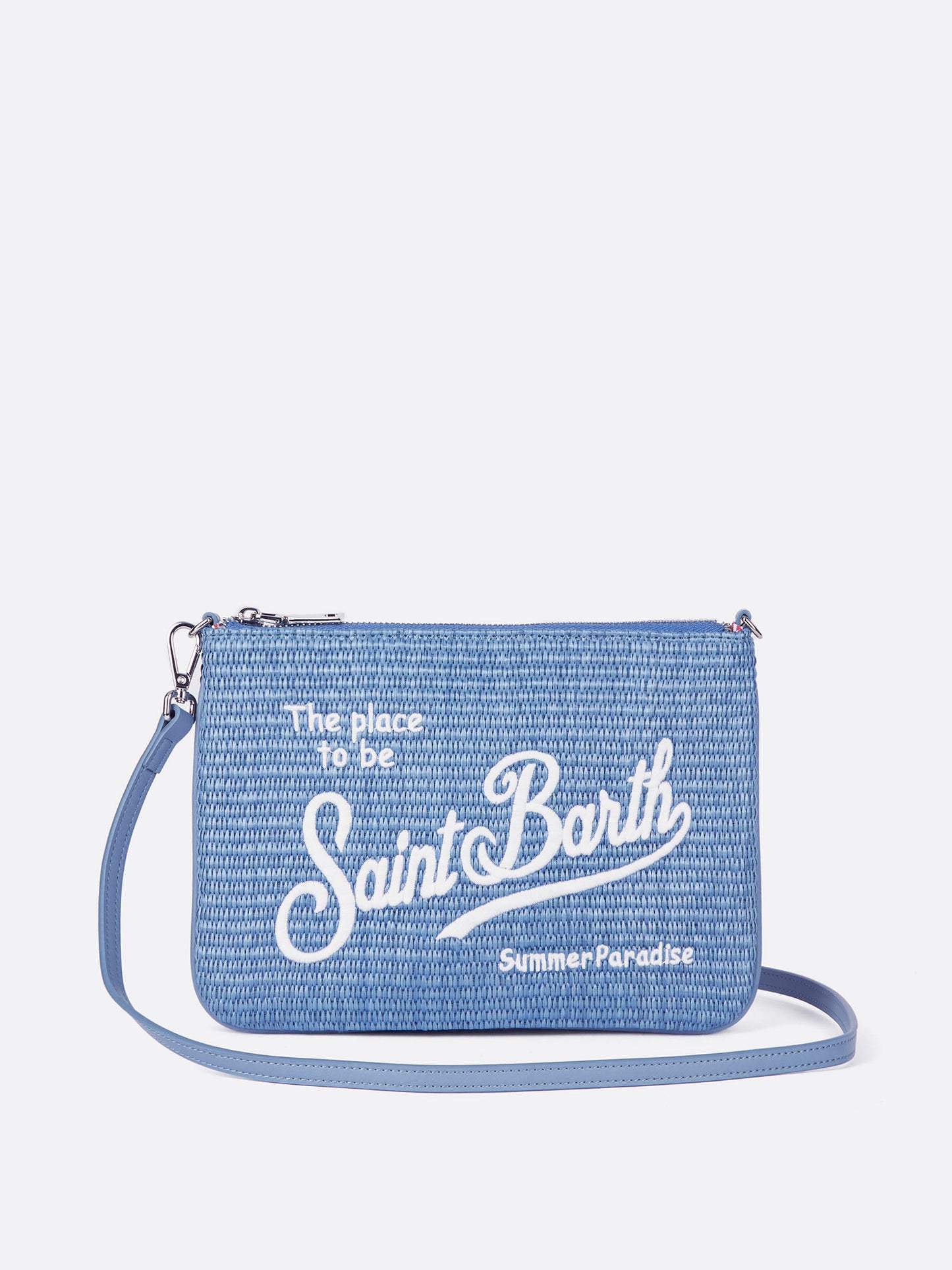Effet paille Parisienne en blue clair pouch avec logo brodé et bandoulière amovible 