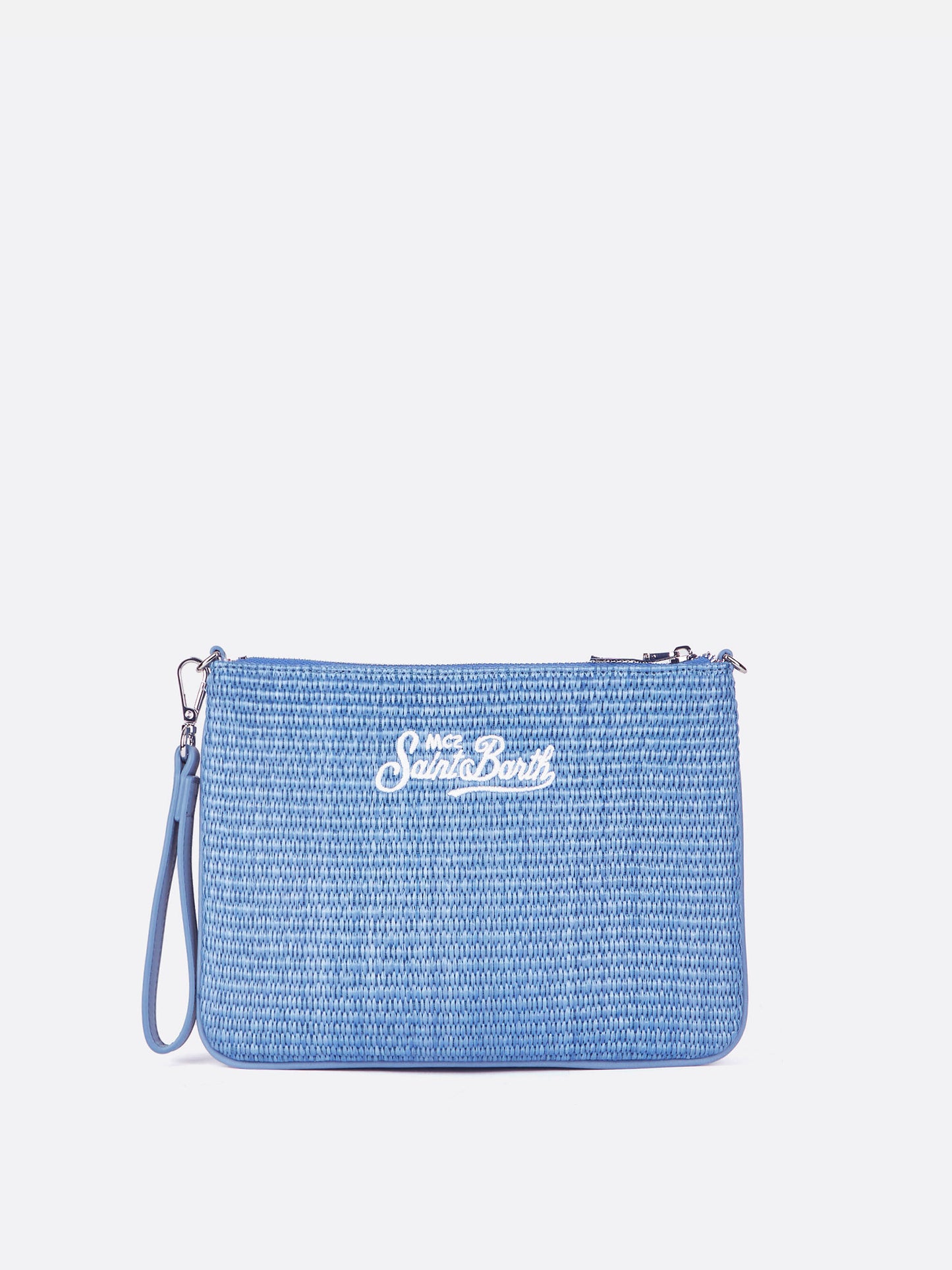 Effet paille Parisienne en blue clair pouch avec logo brodé et bandoulière amovible 