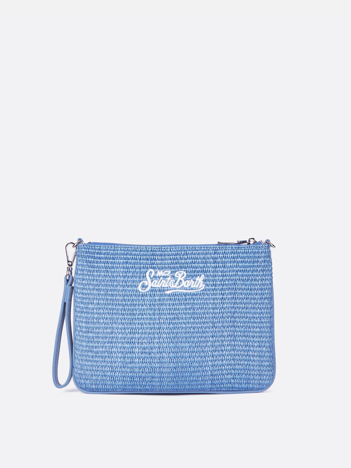 Effet paille Parisienne en blue clair pouch avec logo brodé et bandoulière amovible 