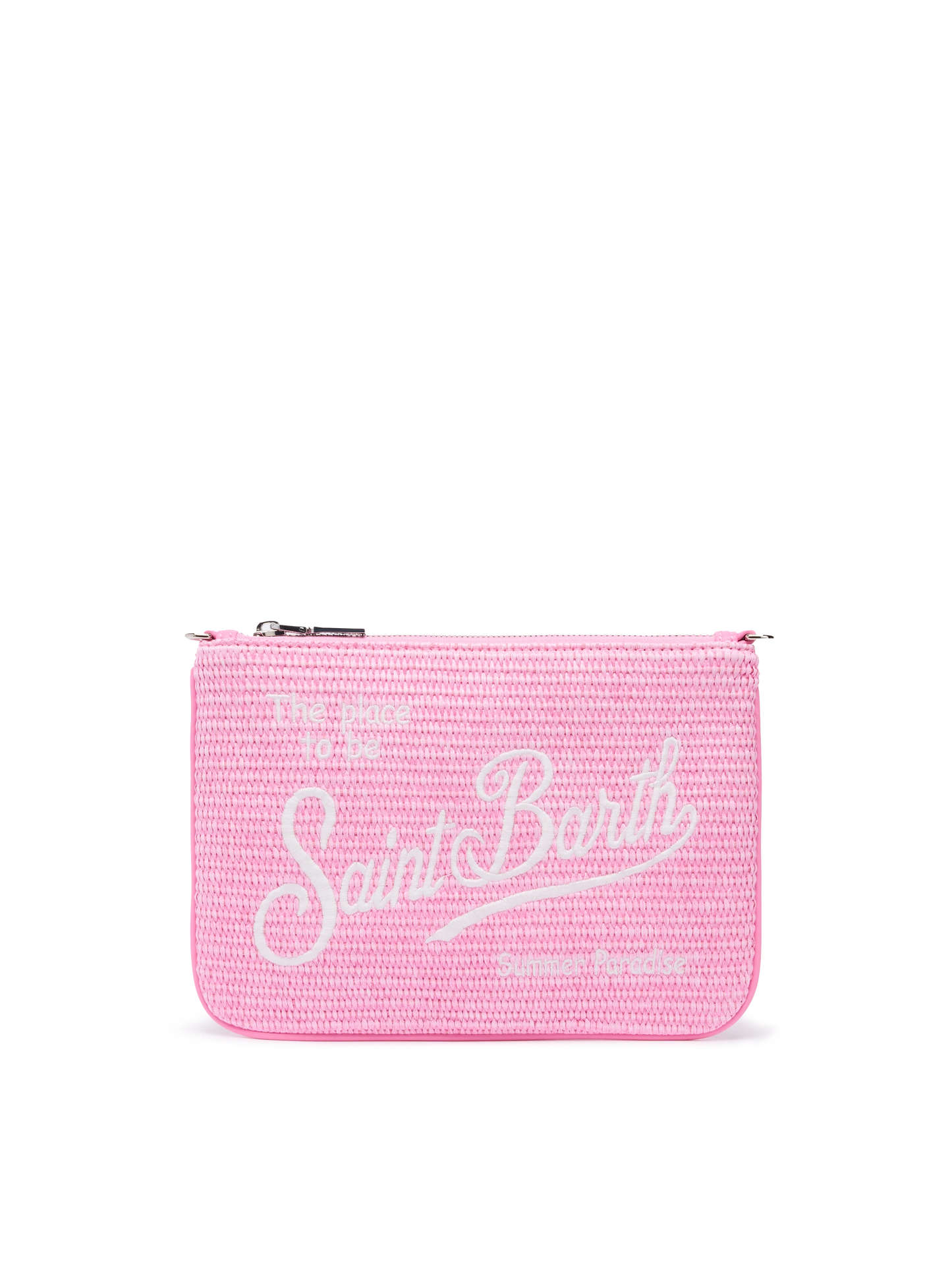 Parisienne efecto paja pouch en rosa con logo bordado y correa extraíble 