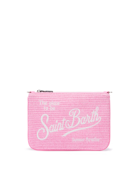 Parisienne efecto paja pouch en rosa con logo bordado y correa extraíble 
