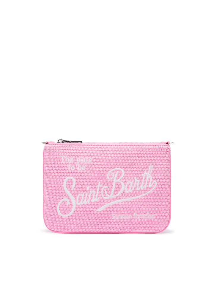 Parisienne effet paille pouch rose avec logo brodé et bandoulière amovible 