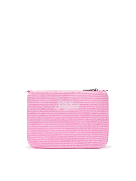 Parisienne efecto paja pouch en rosa con logo bordado y correa extraíble 