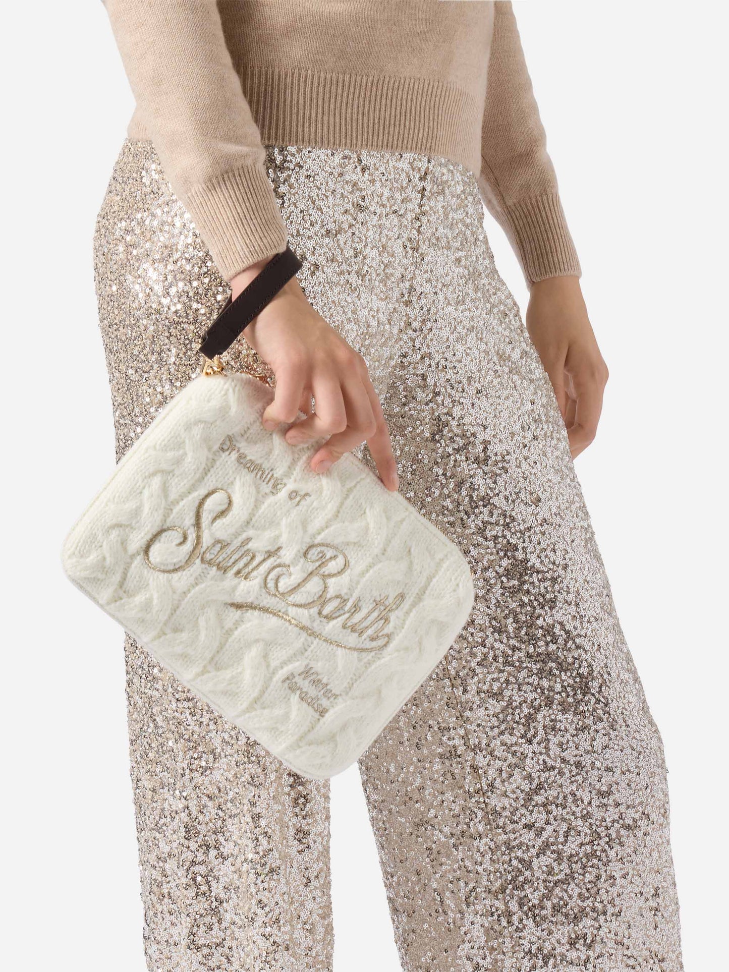 Parisienne Umhängetasche aus weißem, geflochtenem Wollmischgewebe