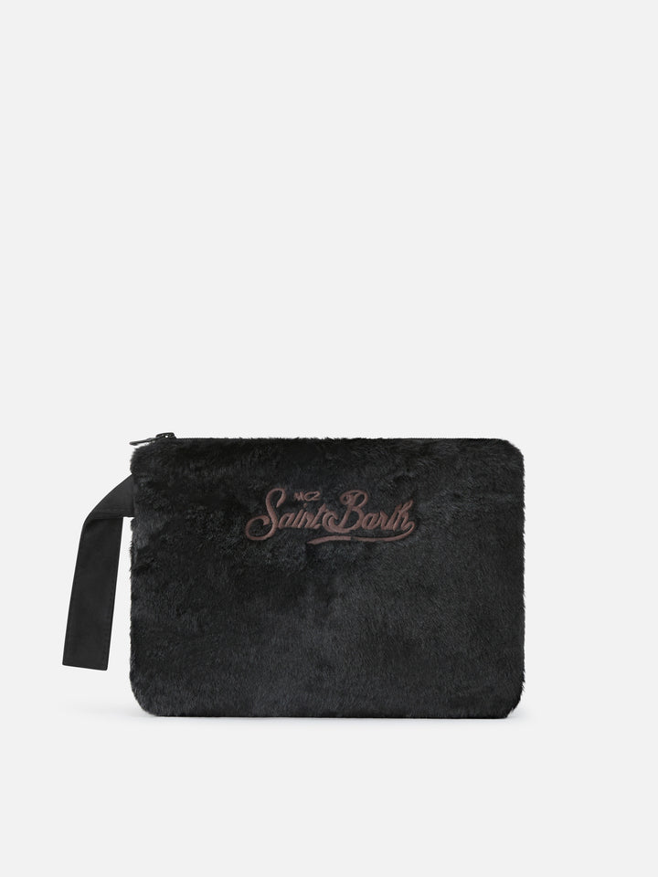 Pareasy en fausse fourrure noire pochette avec broderie logo 