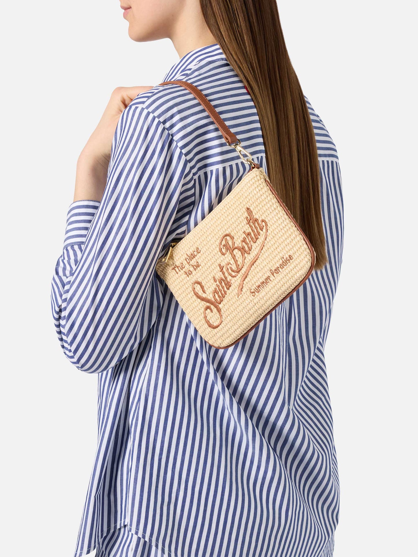 Pouch Mini Parisienne efecto paja con bordado del logo marrón 