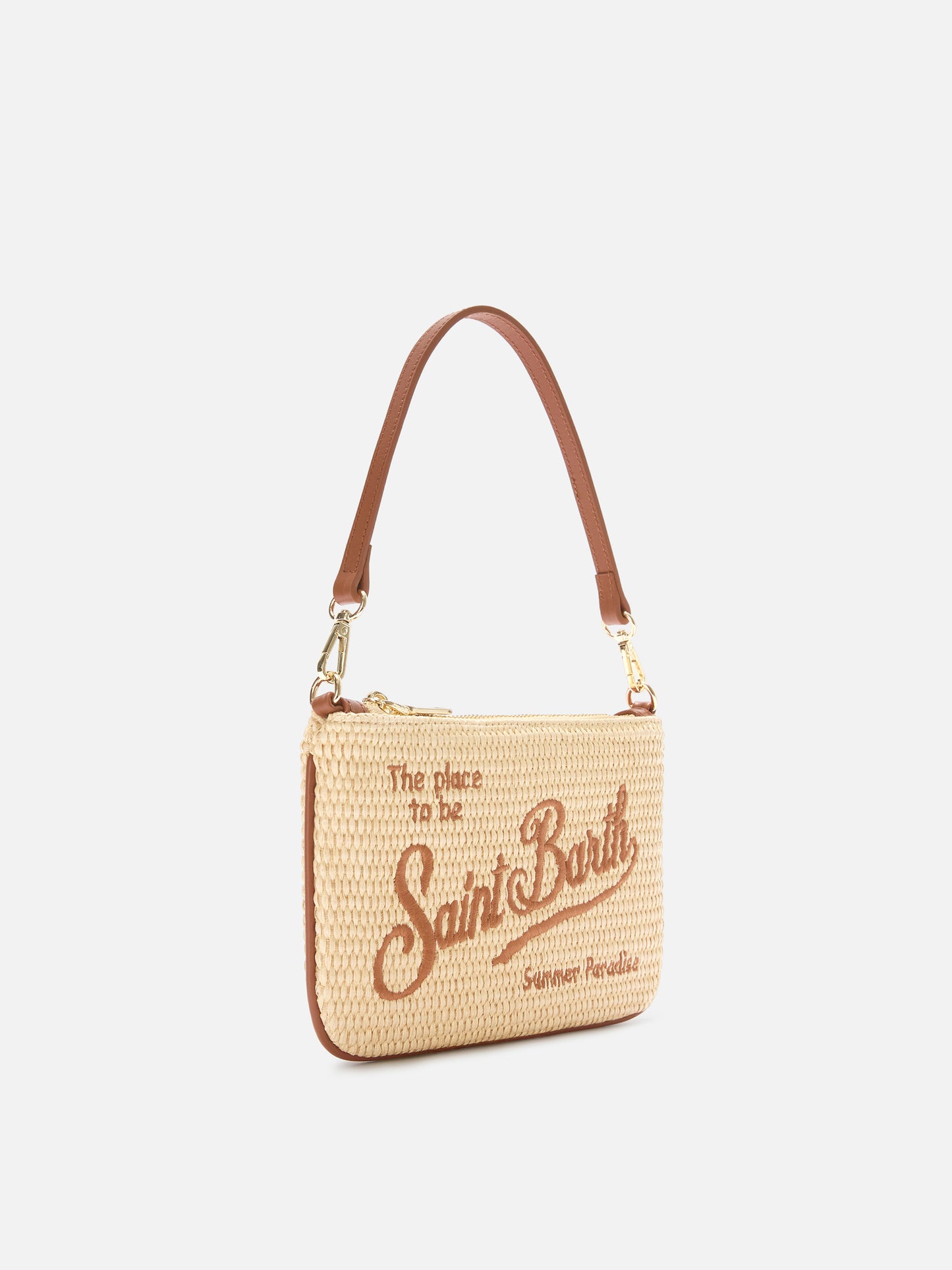 Pouch Mini Parisienne efecto paja con bordado del logo marrón 