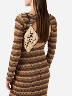 Mini Parisienne straw-effect pouch with black logo embroidery
