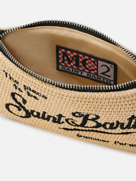 Mini Parisienne straw-effect pouch with black logo embroidery