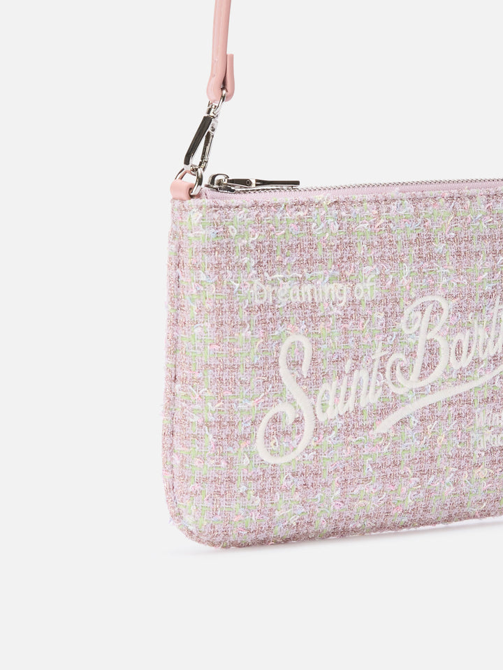 Mini sac à bandoulière Pink Mini Parisienne en tweed avec broderie logo 