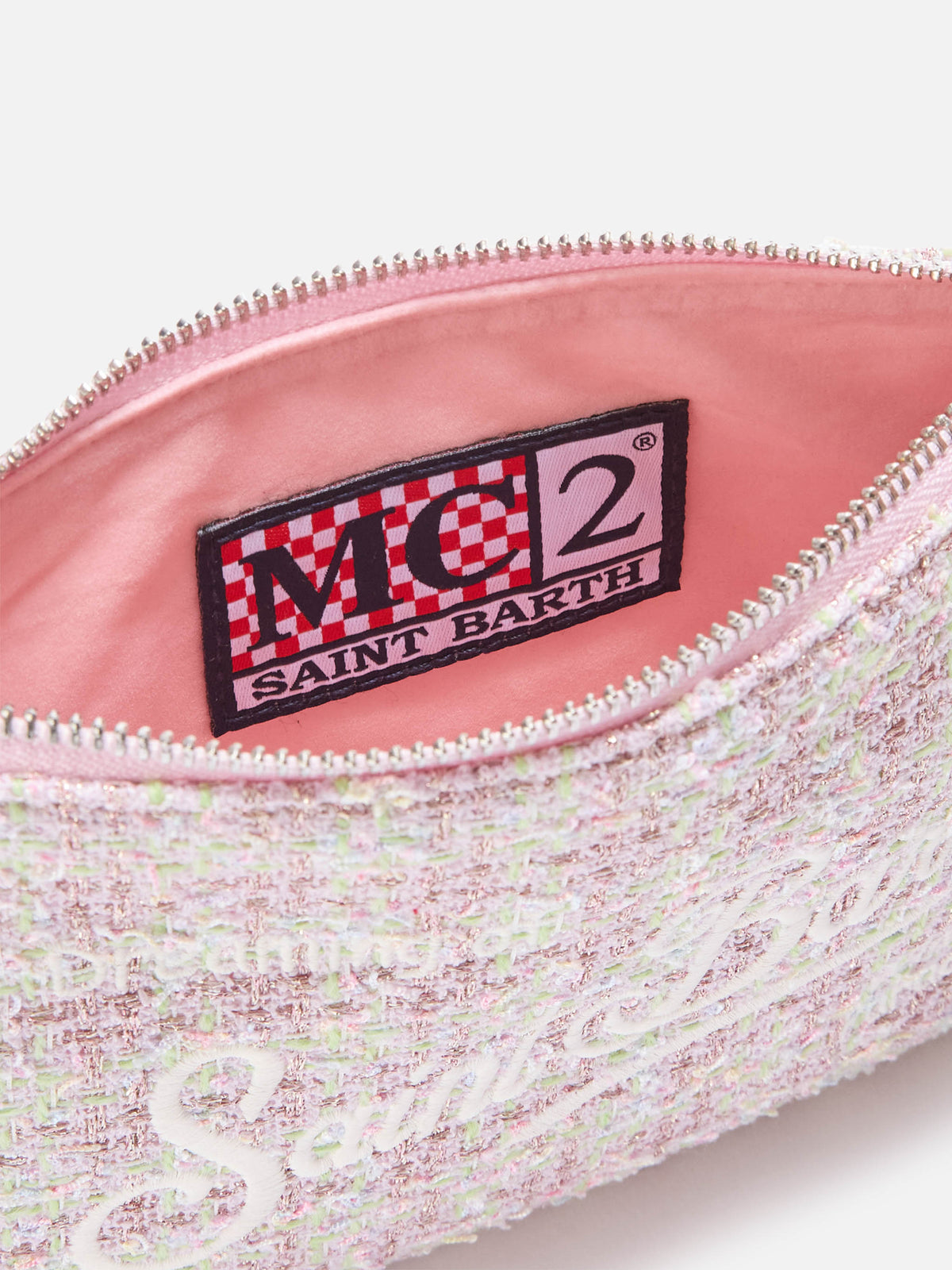 Mini sac à bandoulière Pink Mini Parisienne en tweed avec broderie logo 