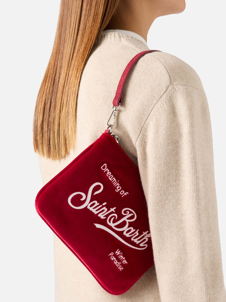 Borsa a spalla Mini Parisienne bordeaux in velluto con ricamo logo
