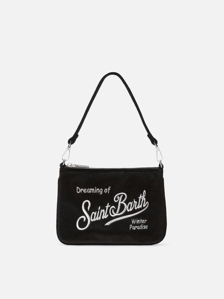 Bolso de hombro Black Mini Parisienne de terciopelo con bordado del logotipo 