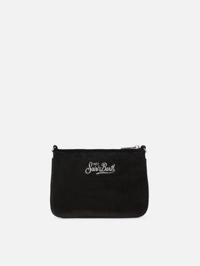 Bolso de hombro Black Mini Parisienne de terciopelo con bordado del logotipo 