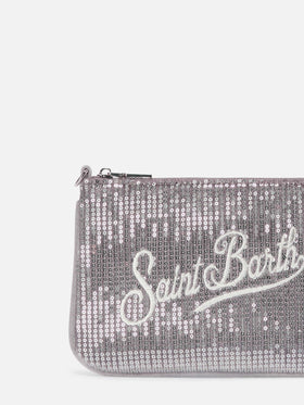 Borsetta a spalla Parisienne Mini Velvet grigia con paillettes