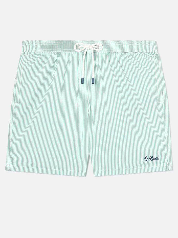 Short de bain rayé en seersucker Patmos vert sauge et blanc 