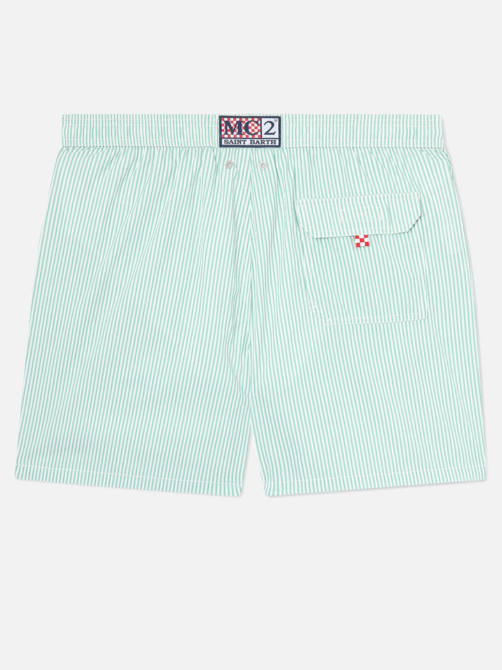 Short de bain rayé en seersucker Patmos vert sauge et blanc 