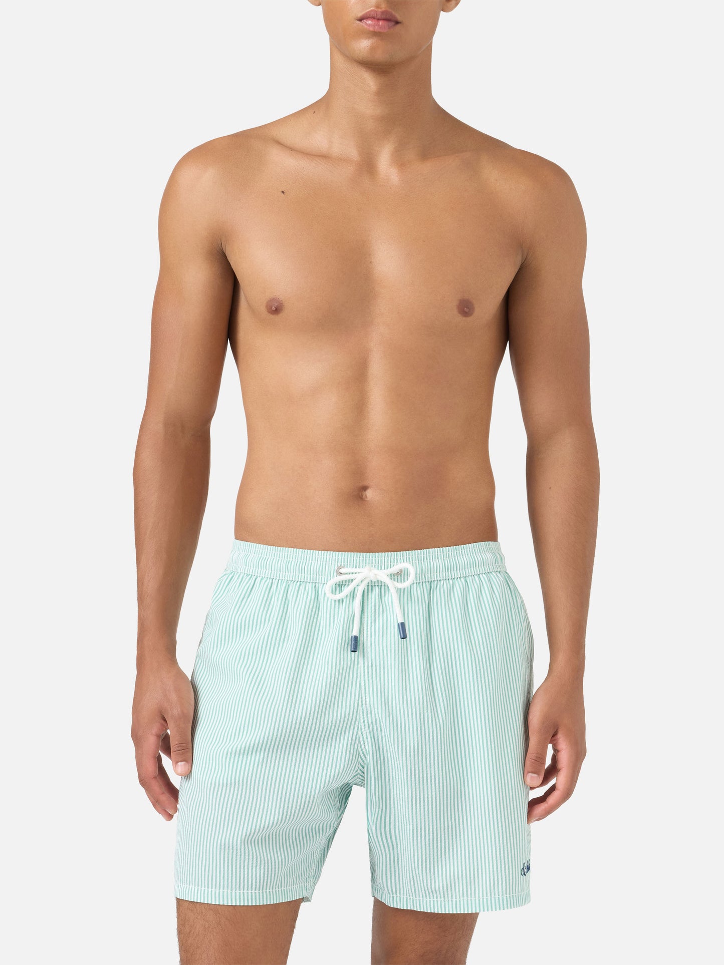 Patmos seersucker striped swim shorts in sage green and white