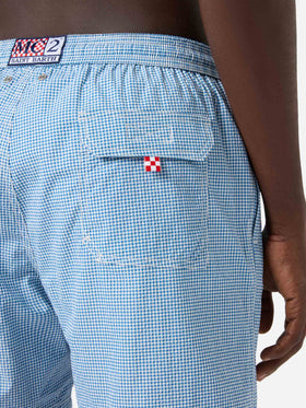 Patmos seersucker gingham swim shorts in blue and white