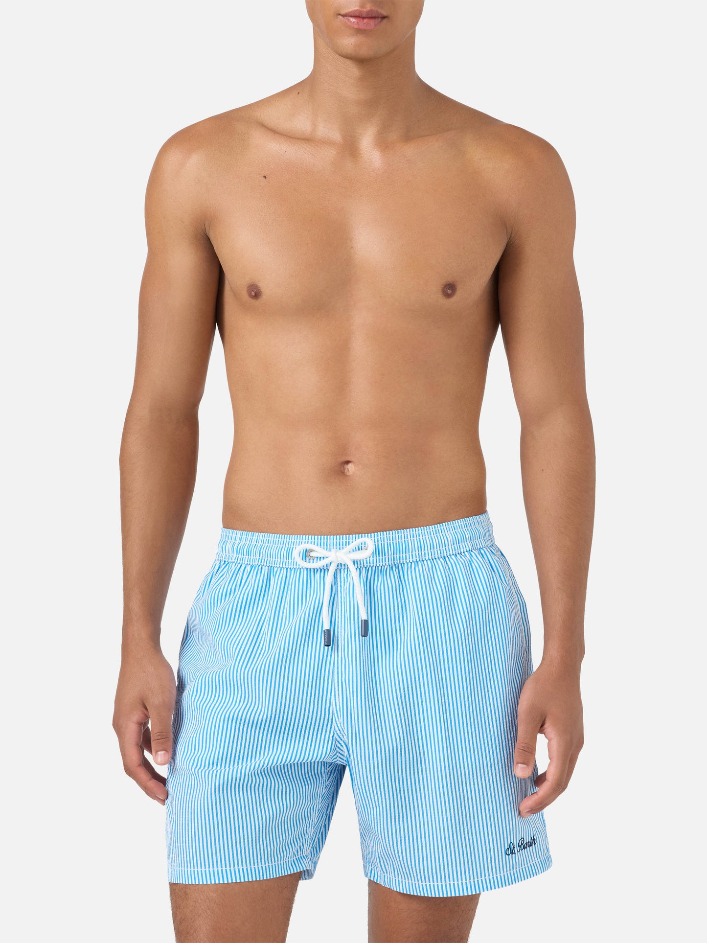 Patmos seersucker striped swim shorts in bluette and white