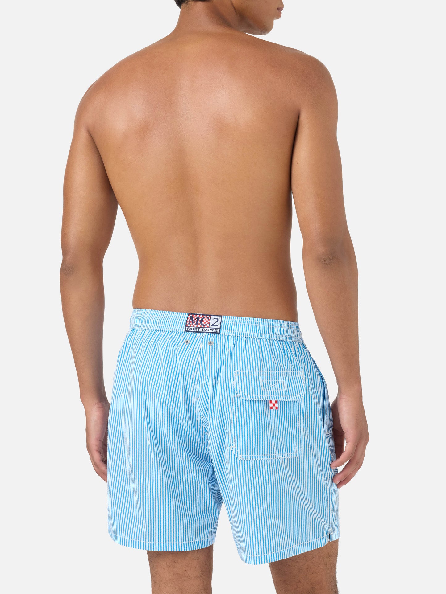 Patmos seersucker striped swim shorts in bluette and white