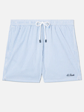 Patmos seersucker striped swim shorts in blue and white