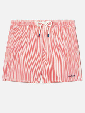 Patmos seersucker striped swim shorts in red and white
