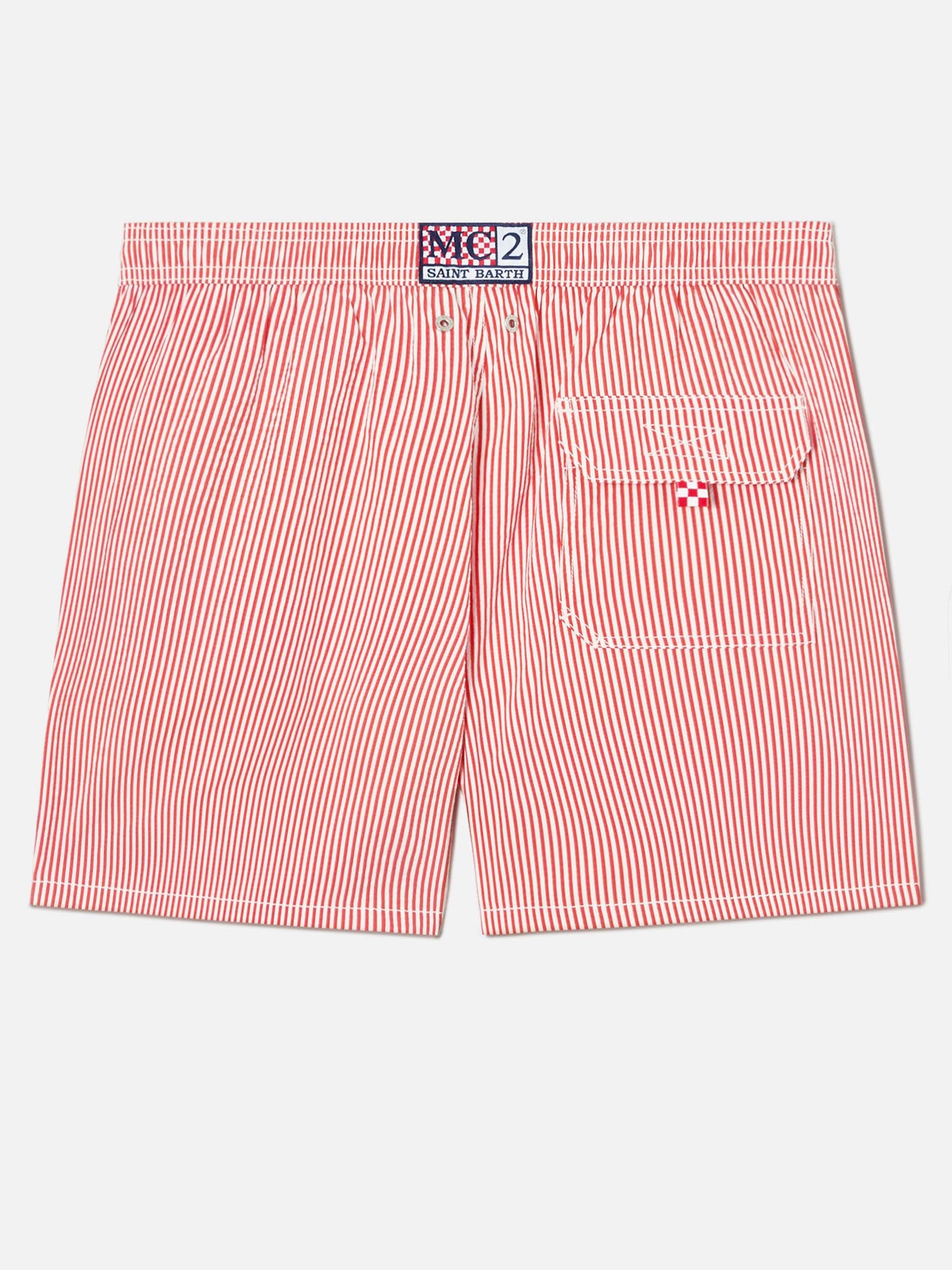 Patmos seersucker striped swim shorts in red and white