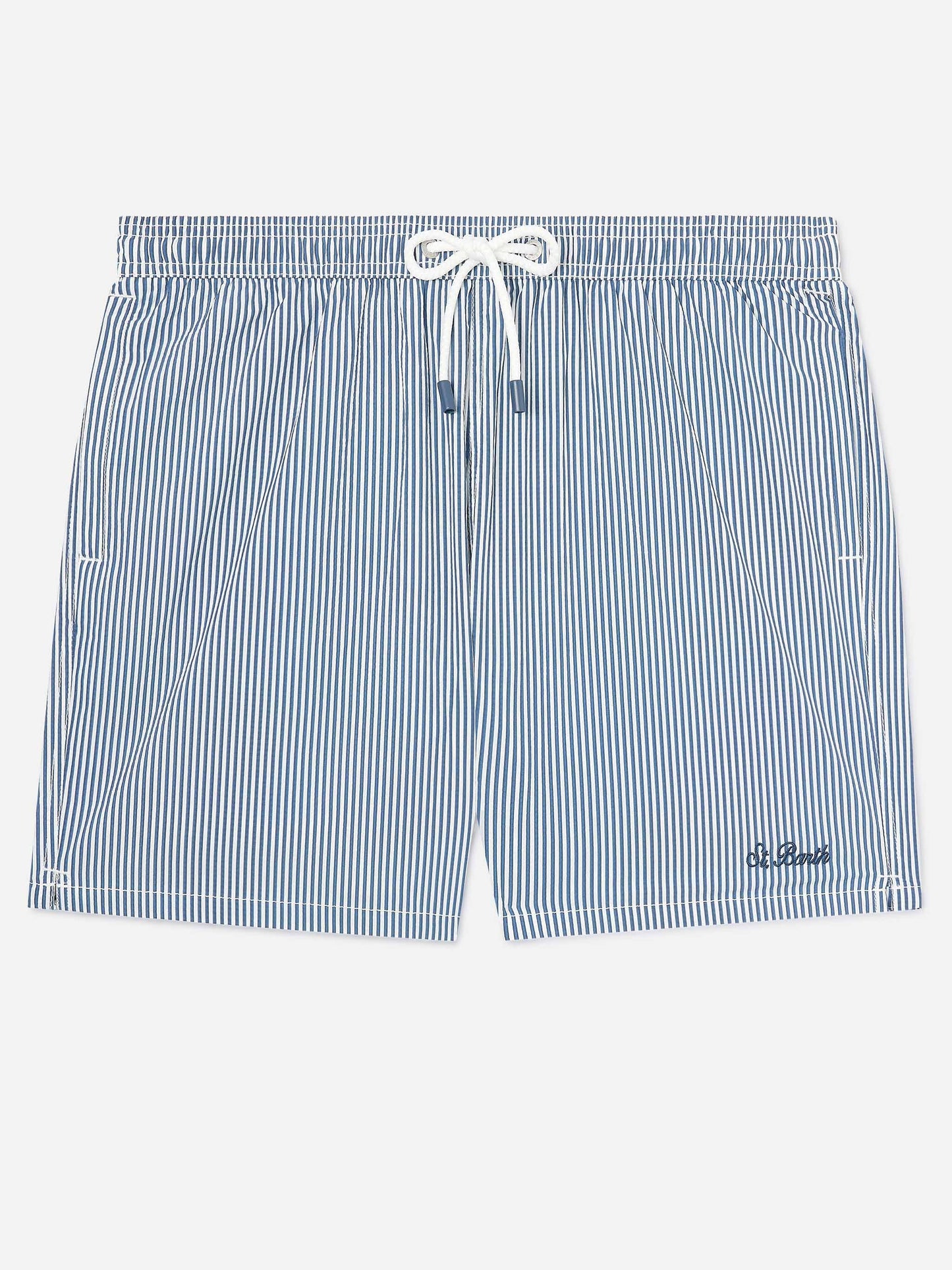 Costume mare Patmos in seersucker rigato blu navy e bianco