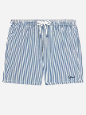 Costume mare Patmos in seersucker rigato blu navy e bianco