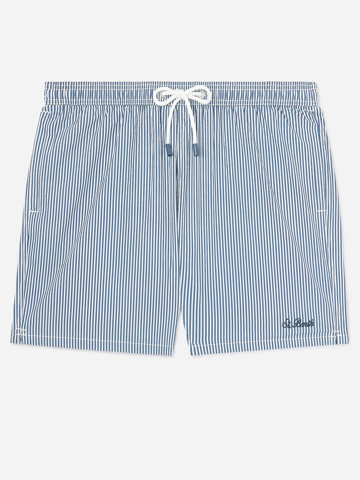 Short de bain Patmos en seersucker rayé bleu marine et blanc 