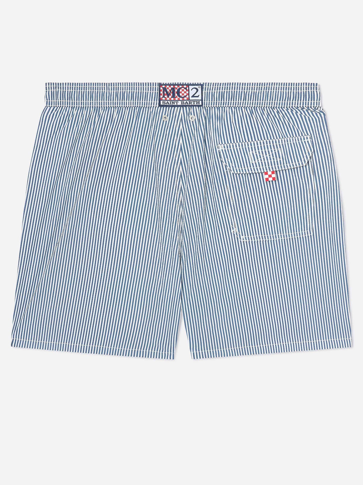 Costume mare Patmos in seersucker rigato blu navy e bianco