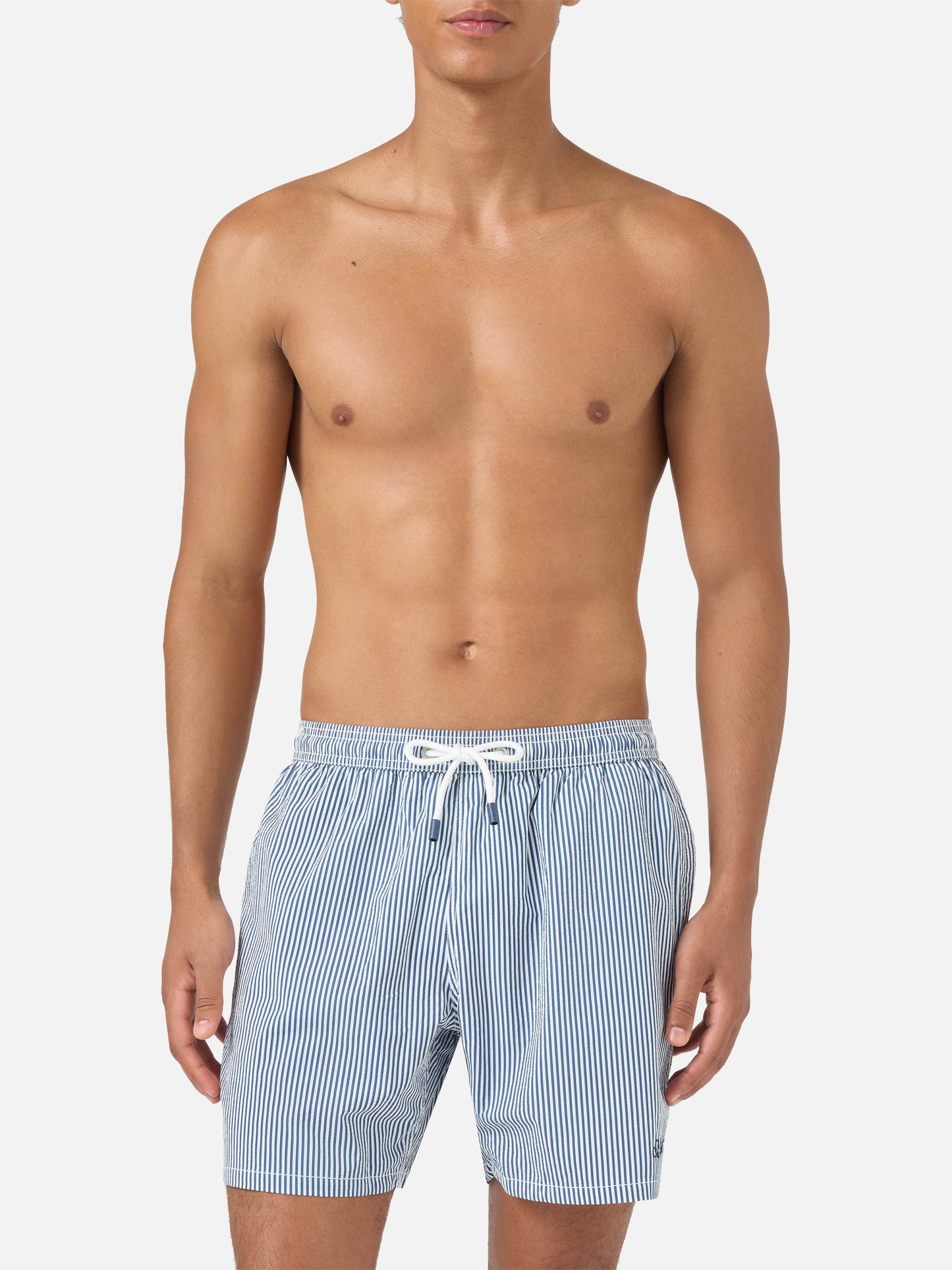 Costume mare Patmos in seersucker rigato blu navy e bianco