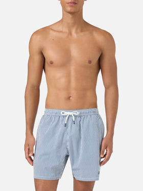 Costume mare Patmos in seersucker rigato blu navy e bianco