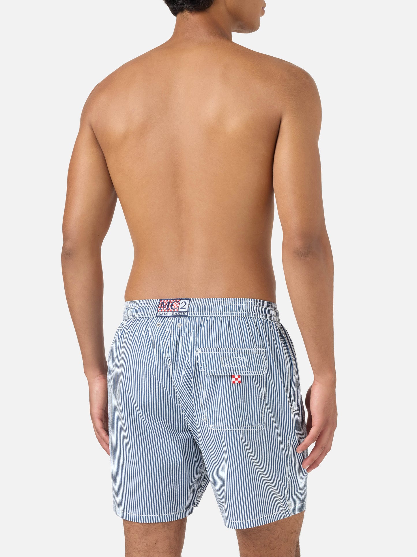 Costume mare Patmos in seersucker rigato blu navy e bianco