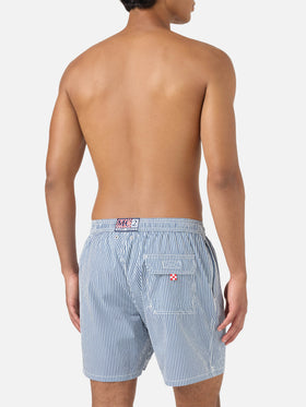 Costume mare Patmos in seersucker rigato blu navy e bianco