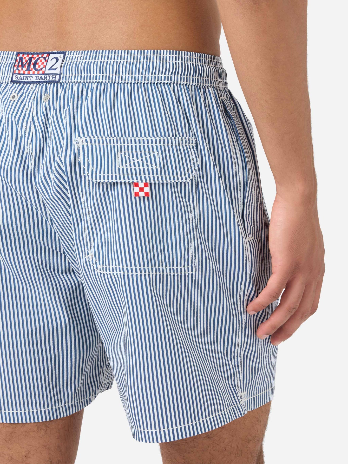 Costume mare Patmos in seersucker rigato blu navy e bianco