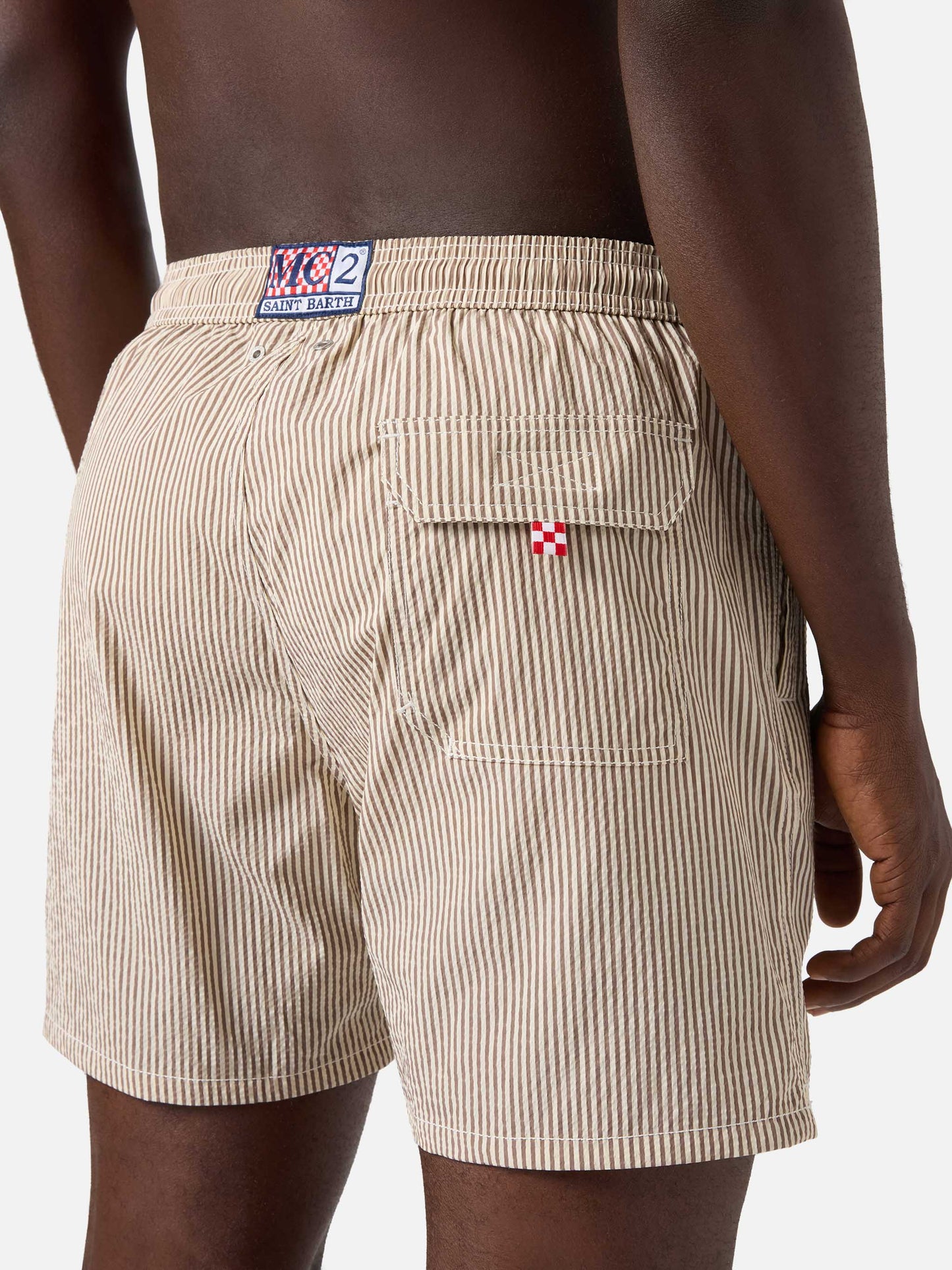 Patmos seersucker striped swim shorts in brown and white