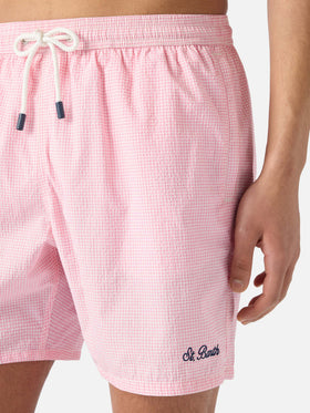 Patmos seersucker gingham swim shorts in pink and white