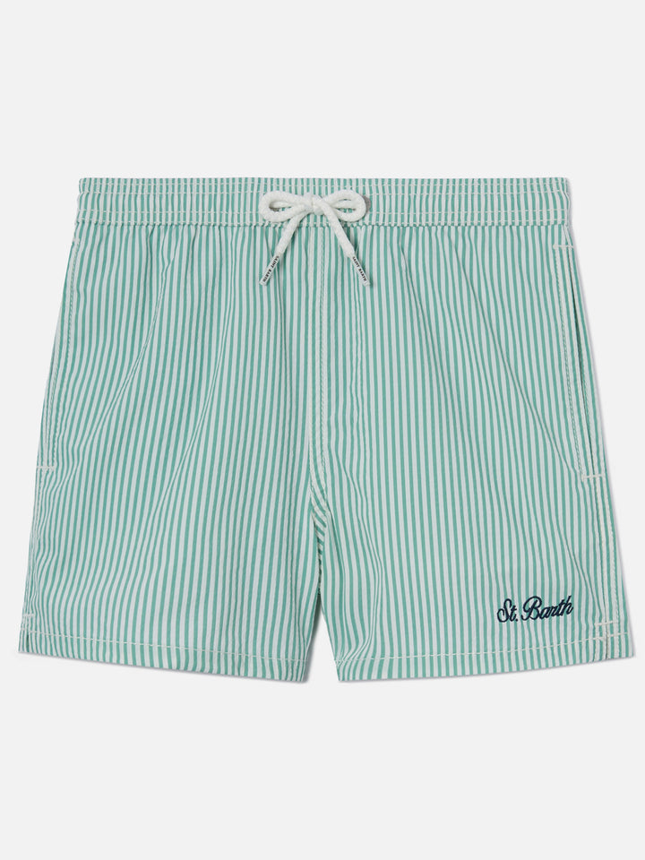 Short de bain Patmos Jr en seersucker rayé avec broderie St. Barth 