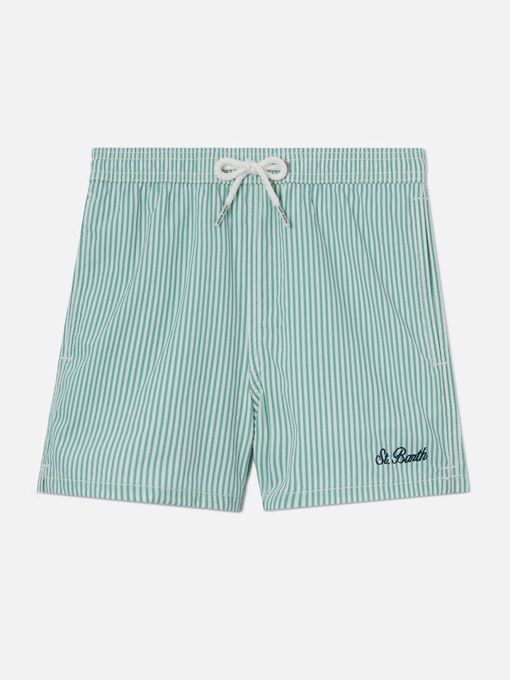 Patmos Jr seersucker swim shorts striped with St. Barth embroidery