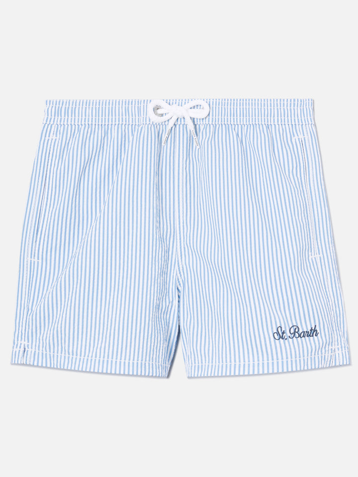 Short de bain Patmos Jr en seersucker rayé avec broderie St. Barth 