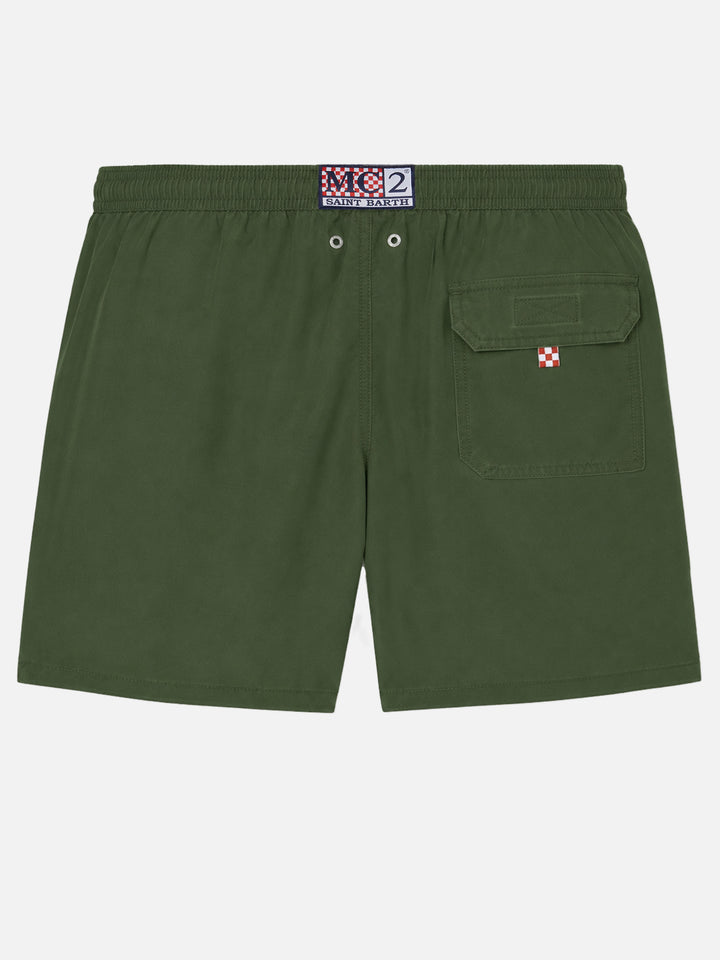 Patmos-Badeshorts in Militärgrün mit Used-Effekt und Logostickerei 