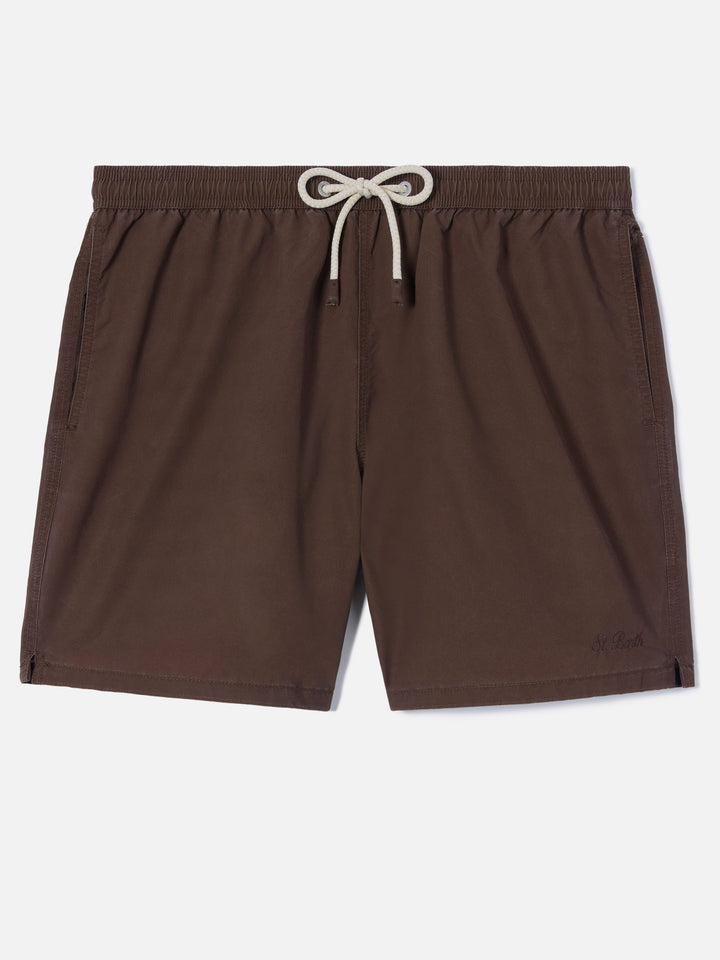 Patmos swim shorts in brown with used effect and logo embroidery