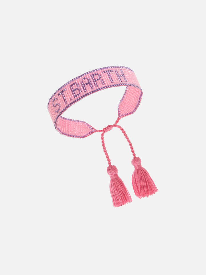 Bracciale in tessuto con lettering St. Barth in perline rosa e viola