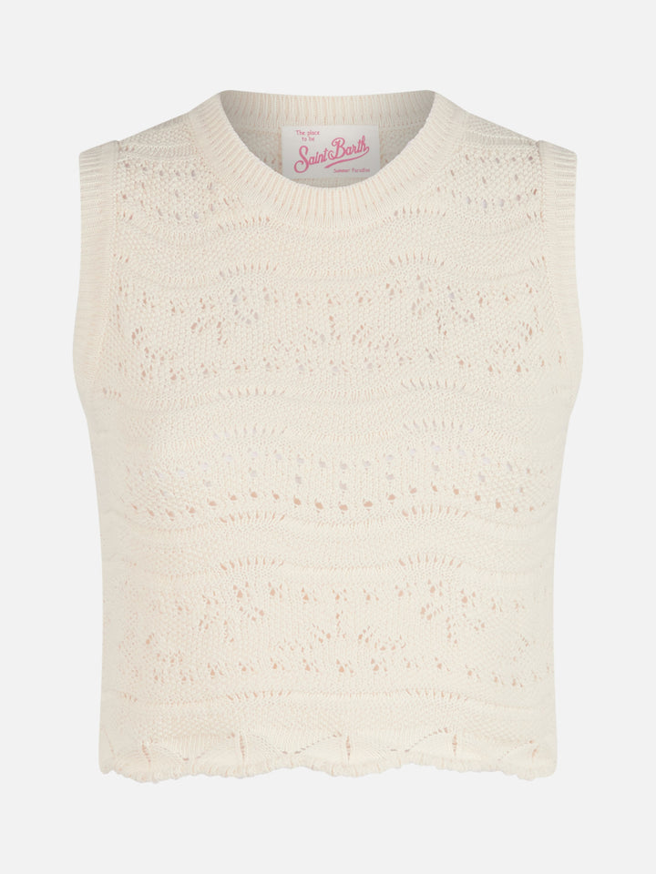 Peach white cotton knit top