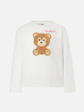 Penny long-sleeve cotton T-shirt in white with Trudi bear terry appliqué | TRUDI SPECIAL EDITION