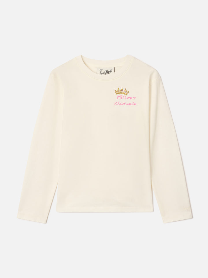 Langärmliges T-Shirt aus creamfarbenem Baumwolljersey mit Miss Sono Stancata-Stickerei 