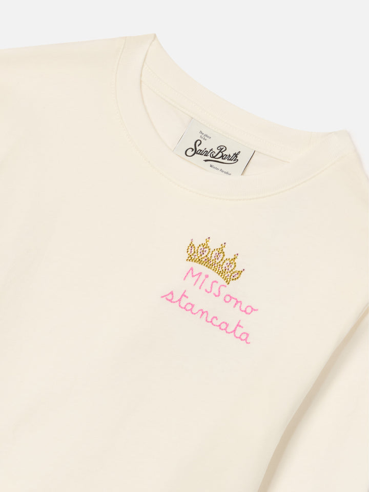 Langärmliges T-Shirt aus creamfarbenem Baumwolljersey mit Miss Sono Stancata-Stickerei 